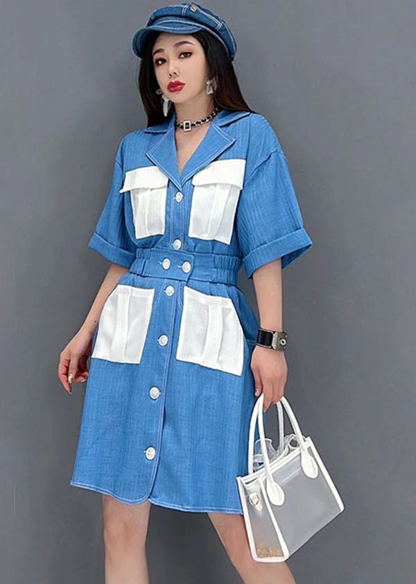 Art Denim Blue Peter Pan Collar Patchwork Pockets Cotton Holiday Dress Short Sleeve - Image 4