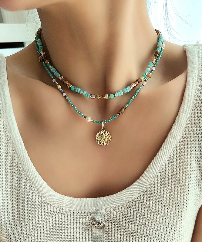 Art Double Layered Stacking Turquoise Pendant Necklace Two Piece Set - Image 2