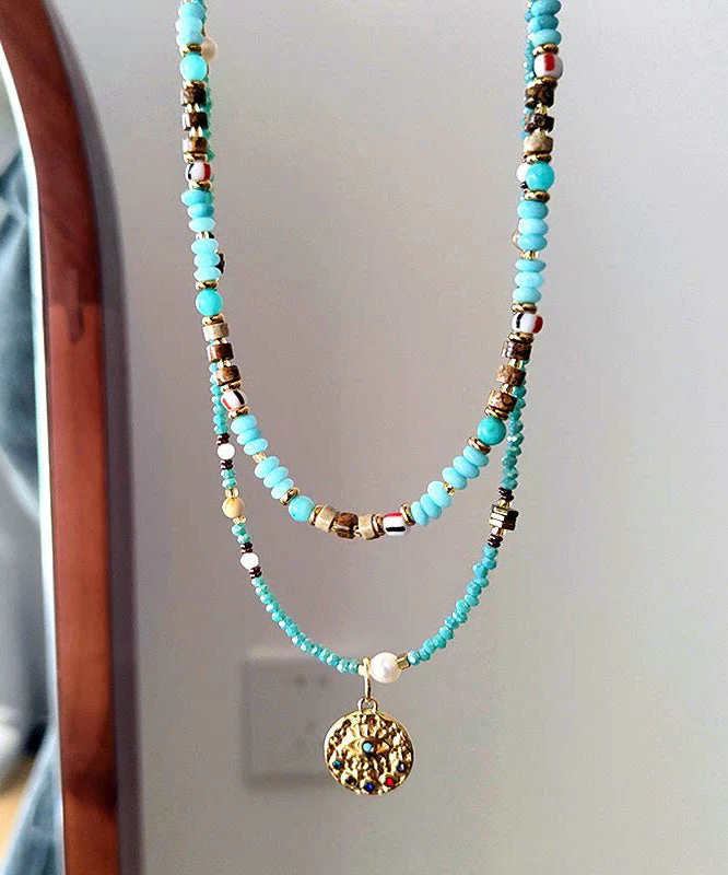 Art Double Layered Stacking Turquoise Pendant Necklace Two Piece Set - Image 3