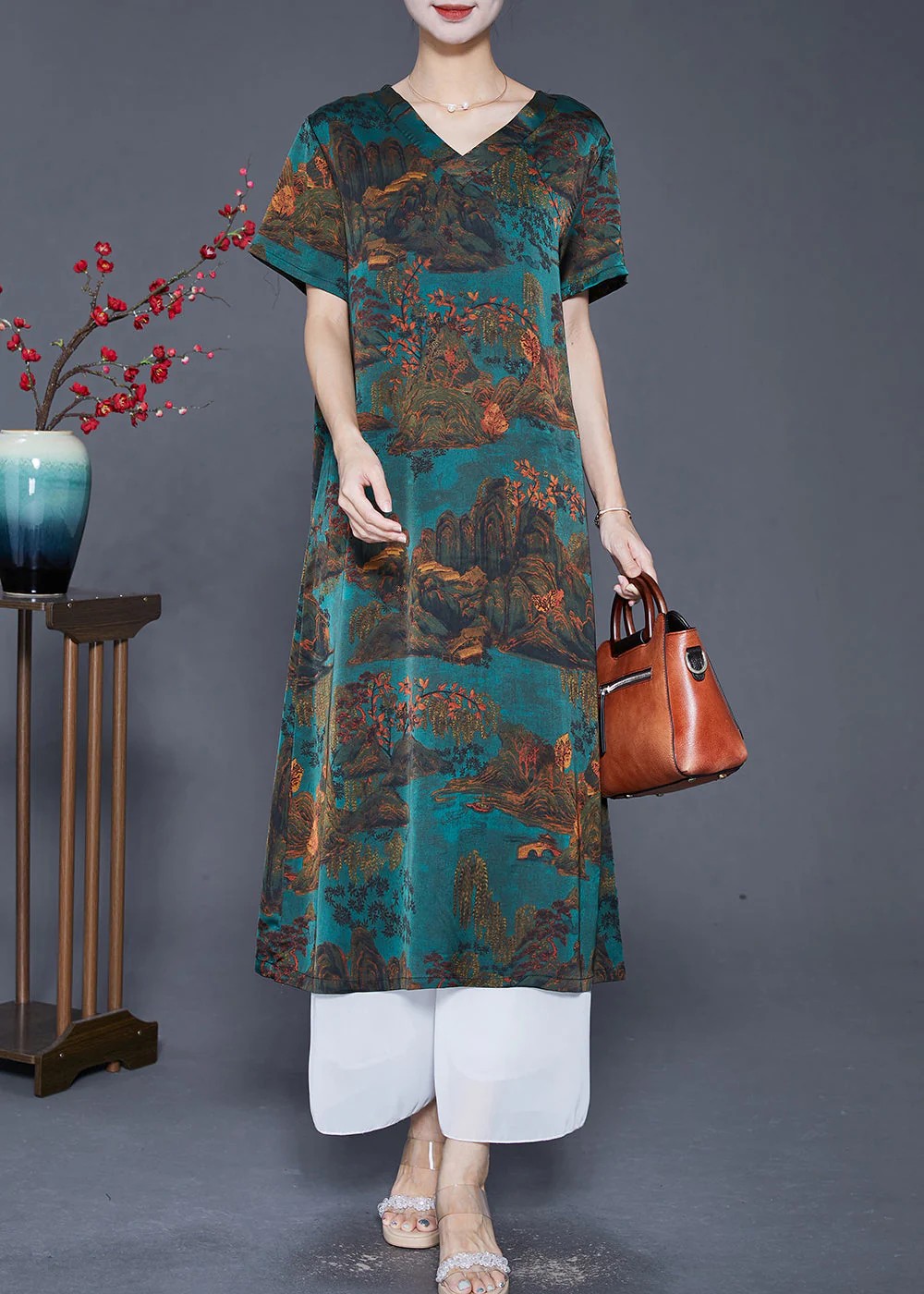 Art Dull Green V Neck Landscape Painting Silk Dress Summer - Image 2