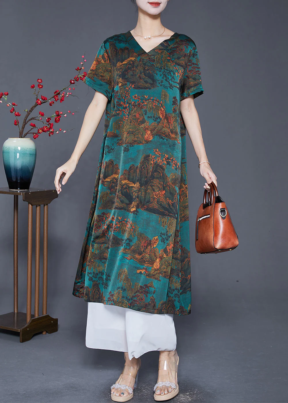 Art Dull Green V Neck Landscape Painting Silk Dress Summer - Image 3