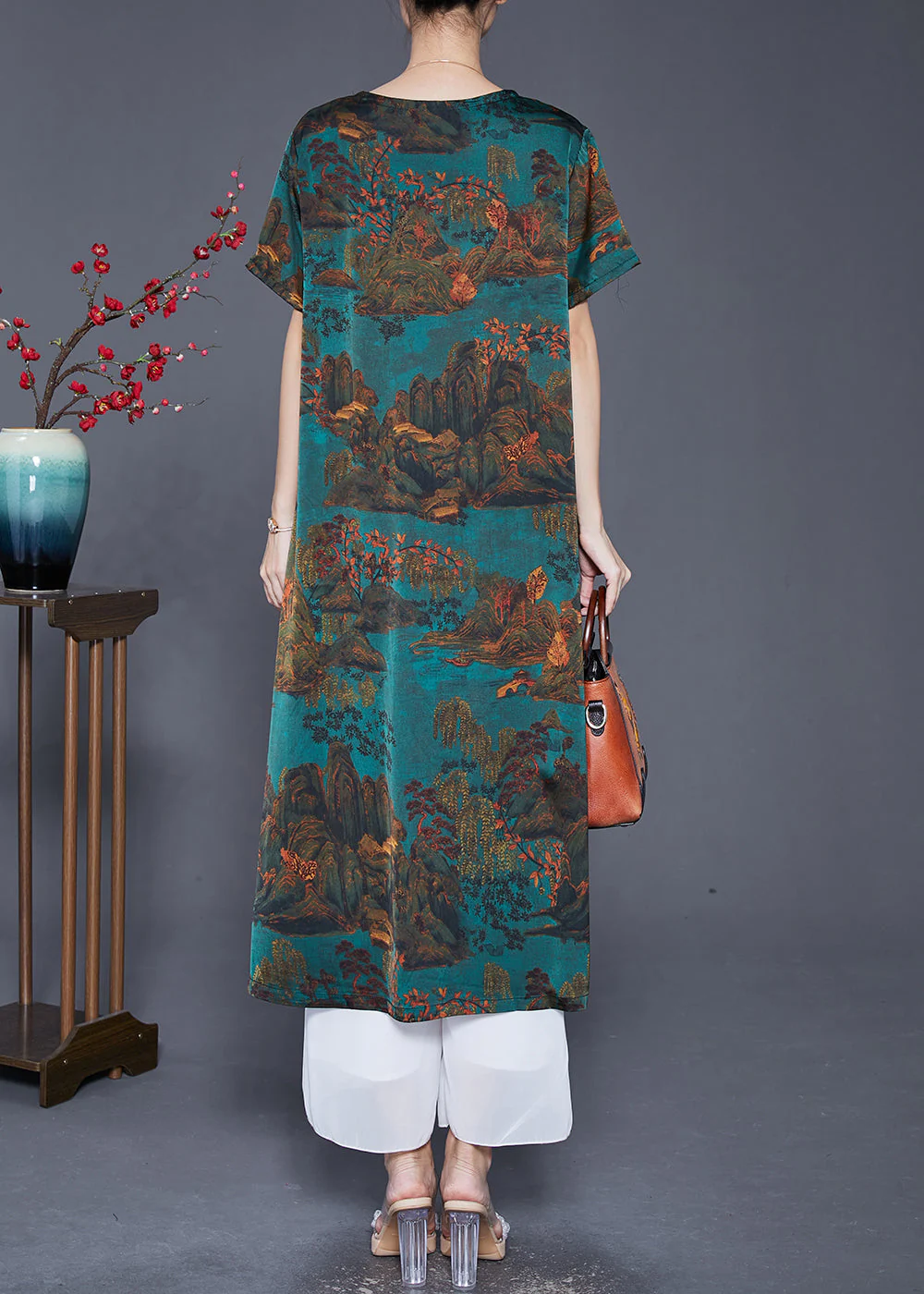 Art Dull Green V Neck Landscape Painting Silk Dress Summer - Image 4