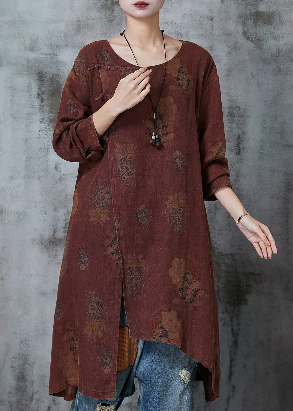 Art Dull Orange Asymmetrical Print Linen Oriental Dresses Spring - Image 2
