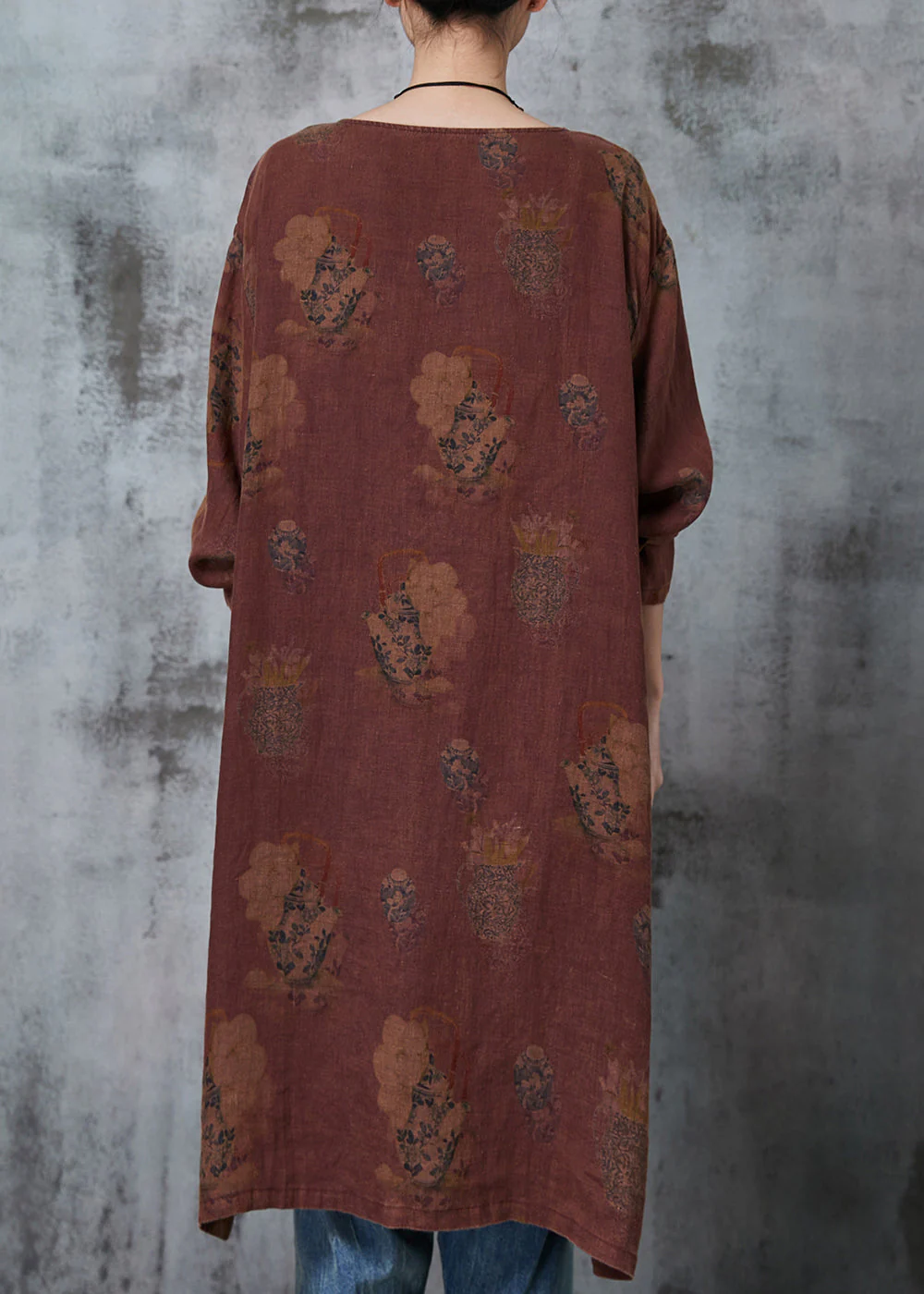 Art Dull Orange Asymmetrical Print Linen Oriental Dresses Spring - Image 4
