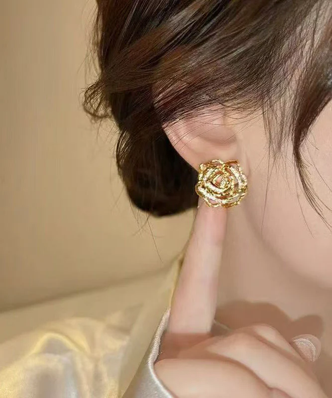 Art Gold Copper Overgild Hollow Out Floral Stud Earrings - Image 3