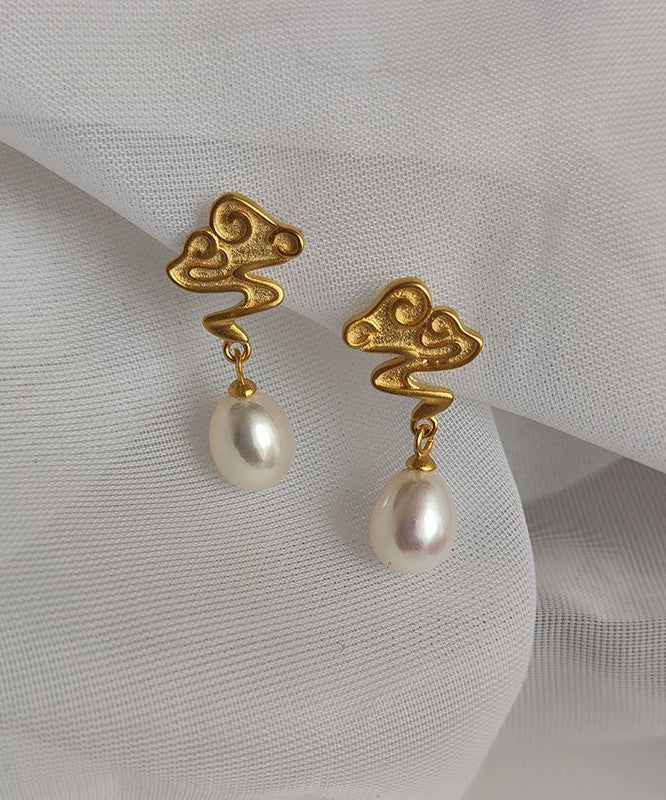 Art Gold Copper Overgild Pearl Auspicious Clouds Drop Earrings - Image 2