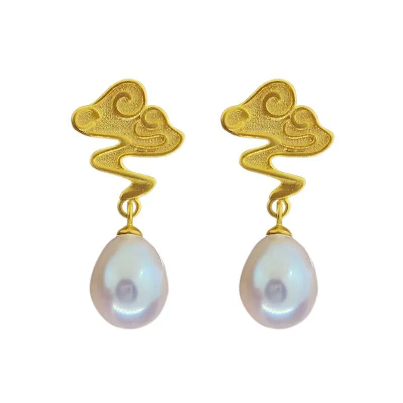 Art Gold Copper Overgild Pearl Auspicious Clouds Drop Earrings - Image 5
