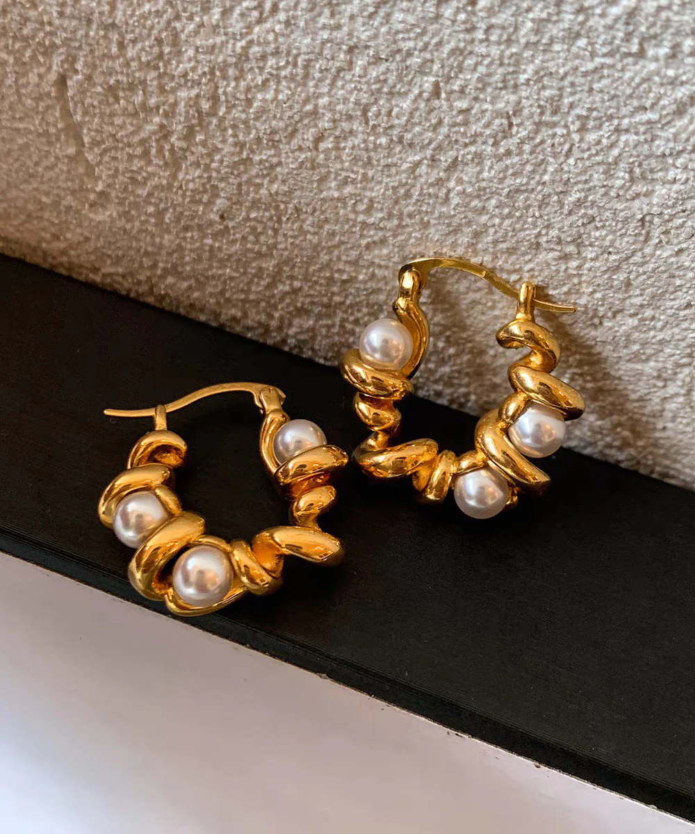Art Gold Copper Overgild Pearl Hoop Earrings - Image 3
