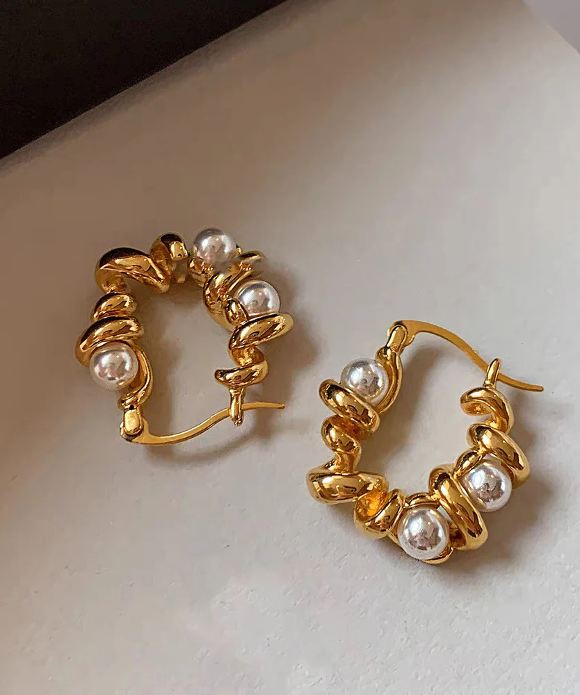 Art Gold Copper Overgild Pearl Hoop Earrings - Image 4