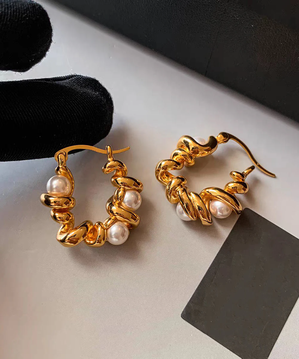 Art Gold Copper Overgild Pearl Hoop Earrings - Image 5