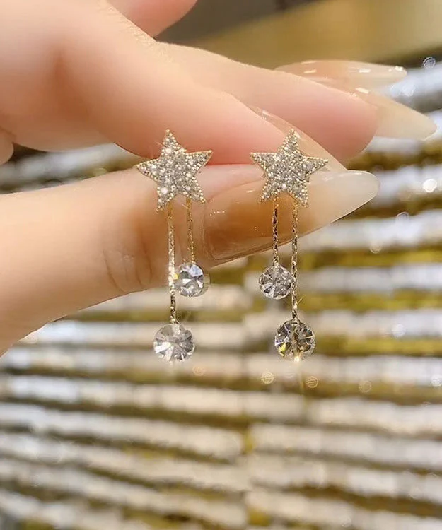 Art Gold Sterling Silver Overgild Zircon Star Tassel Drop Earrings