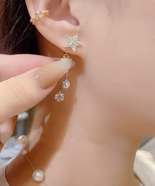 Art Gold Sterling Silver Overgild Zircon Star Tassel Drop Earrings - Image 3