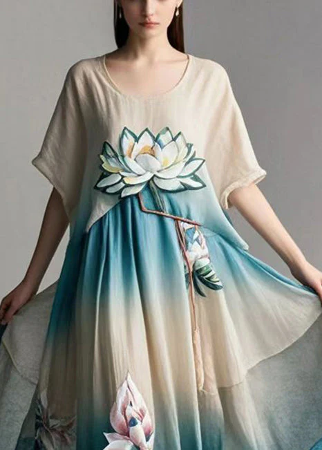 Art Gradient Color Asymmetrical Design Lotus Print Cotton Dress Summer - Image 2