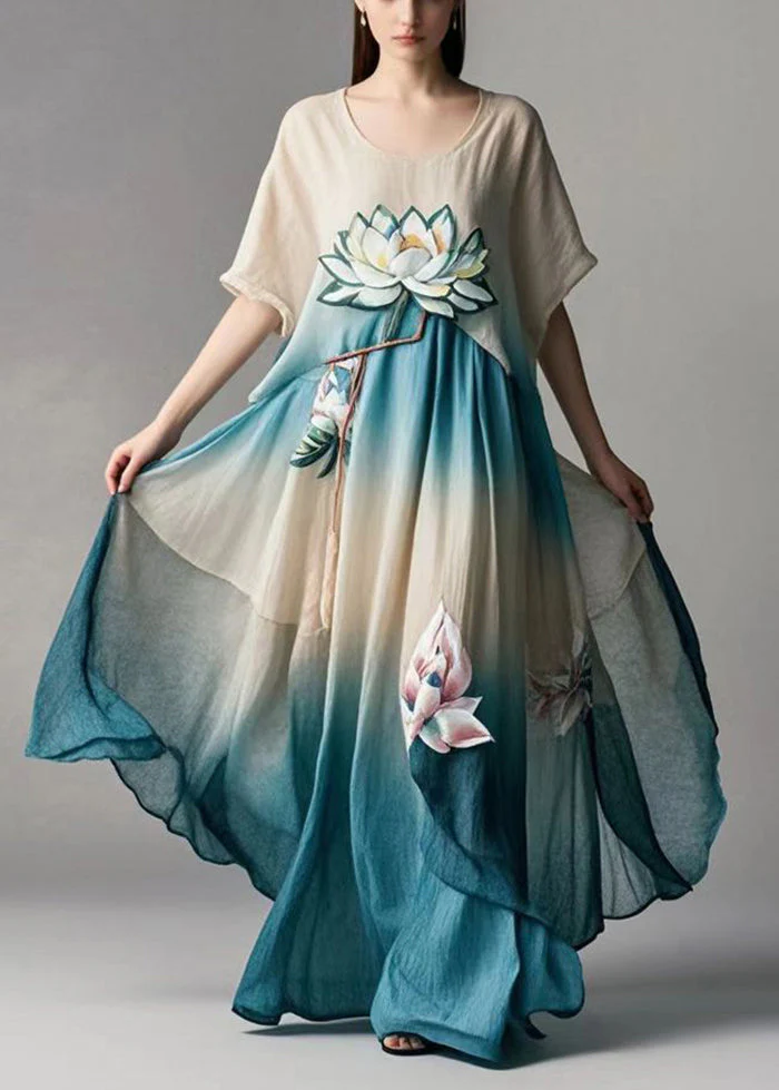 Art Gradient Color Asymmetrical Design Lotus Print Cotton Dress Summer - Image 3