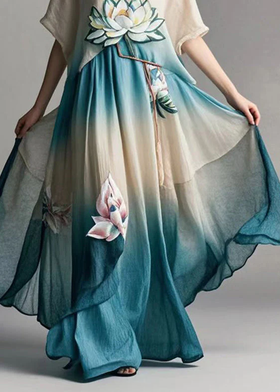 Art Gradient Color Asymmetrical Design Lotus Print Cotton Dress Summer - Image 4