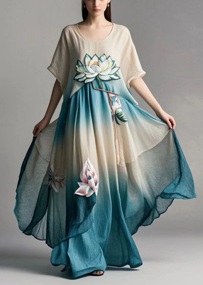 Art Gradient Color Asymmetrical Design Lotus Print Cotton Dress Summer - Image 5