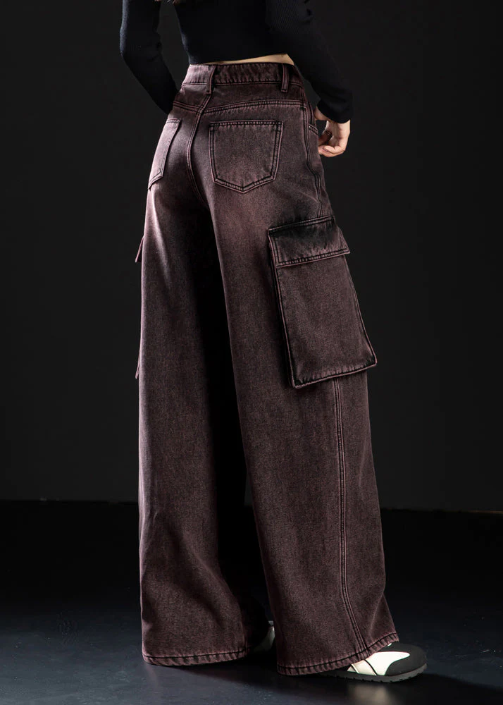 Art Gradient Color Oversized Pockets Warm Fleece Denim Pants Winter - Image 5