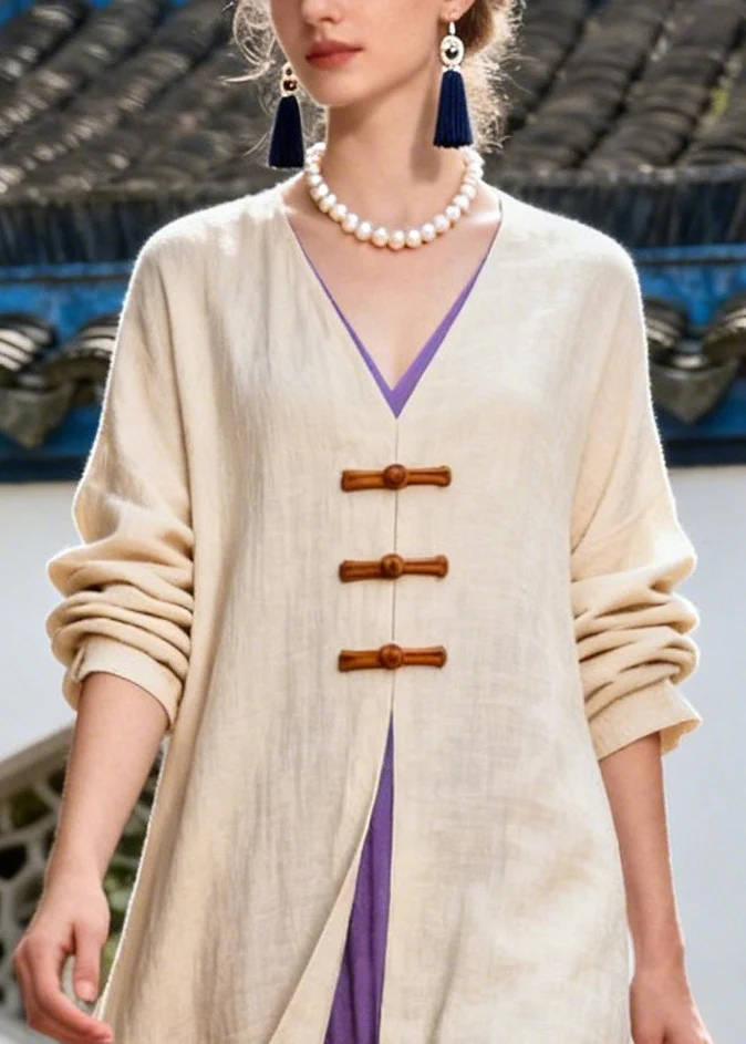 Art Gradient Color Side Open Chinese Button Cotton Dress Long Sleeve - Image 2