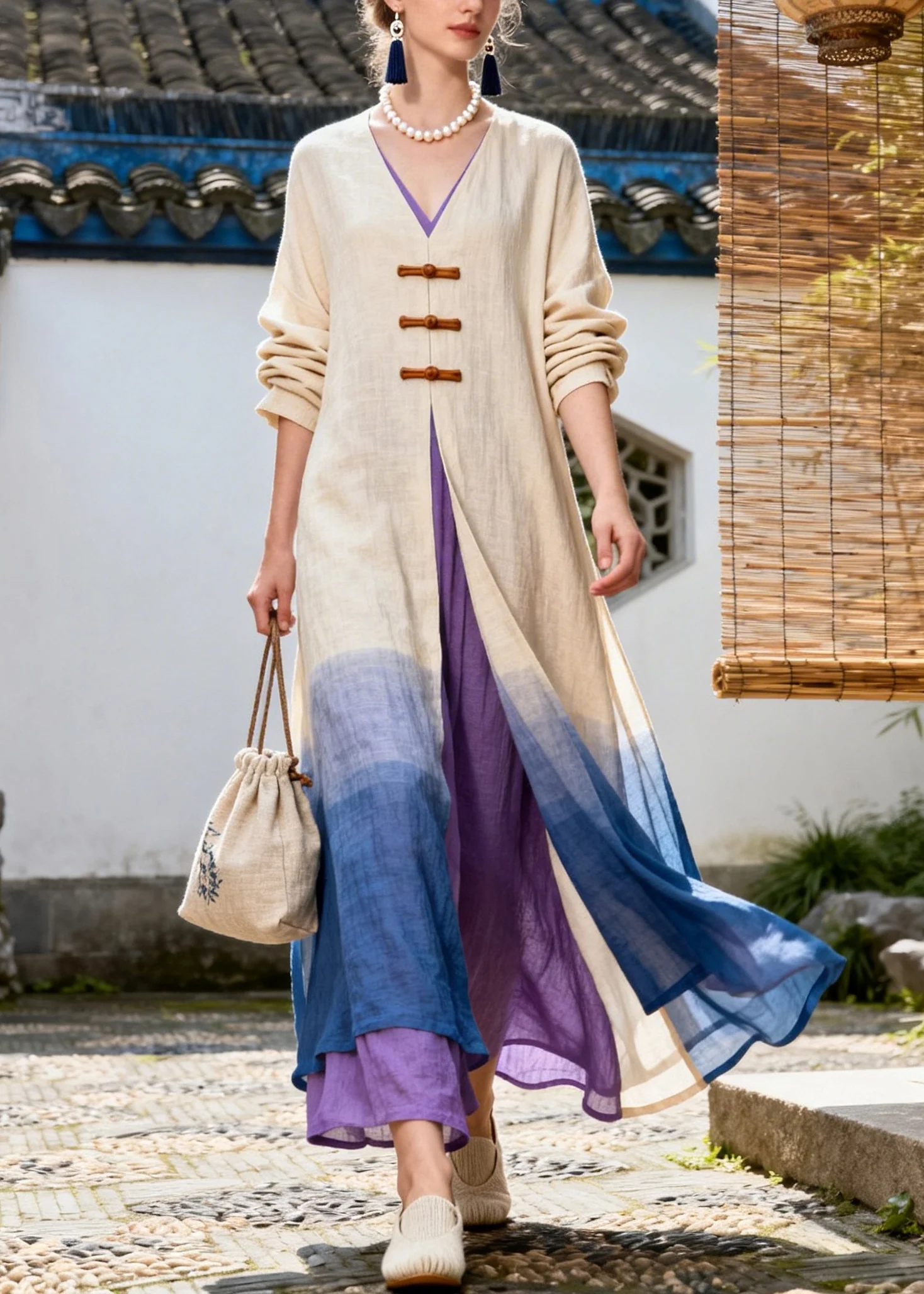 Art Gradient Color Side Open Chinese Button Cotton Dress Long Sleeve - Image 3