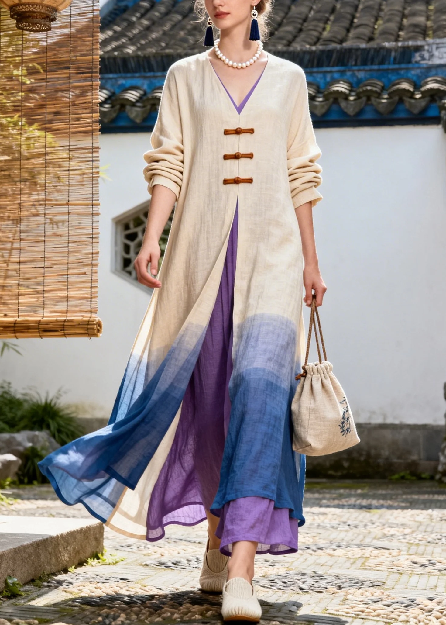 Art Gradient Color Side Open Chinese Button Cotton Dress Long Sleeve - Image 5