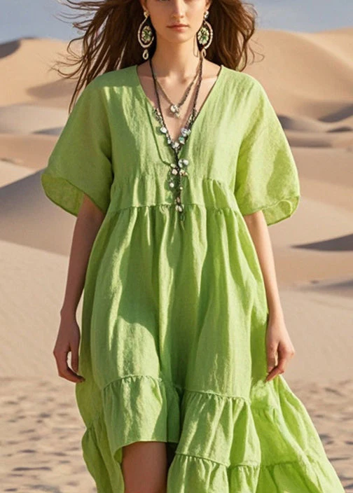 Art Grass Green Asymmetrical Cotton Maxi Dresses Summer - Image 2