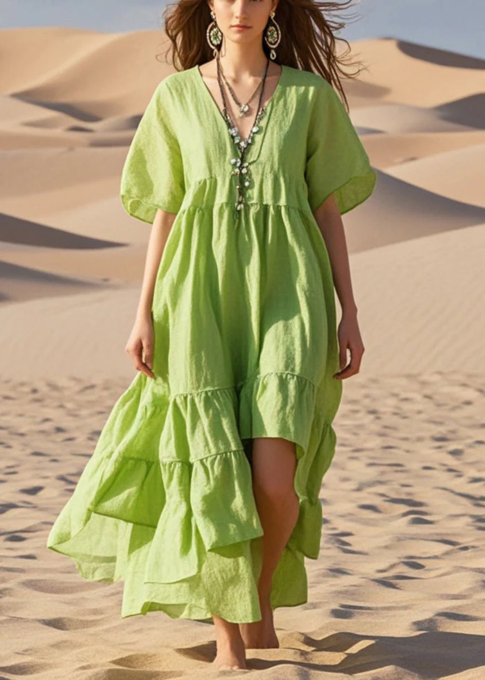Art Grass Green Asymmetrical Cotton Maxi Dresses Summer - Image 3