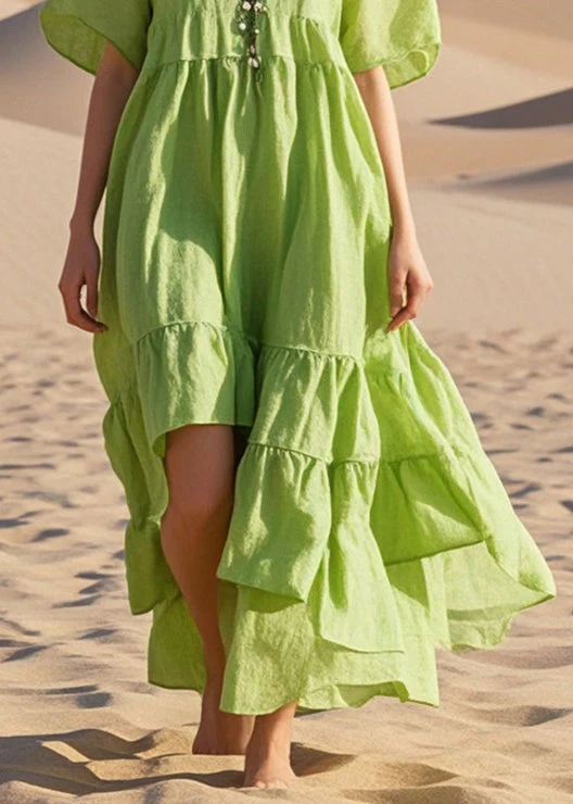 Art Grass Green Asymmetrical Cotton Maxi Dresses Summer - Image 4