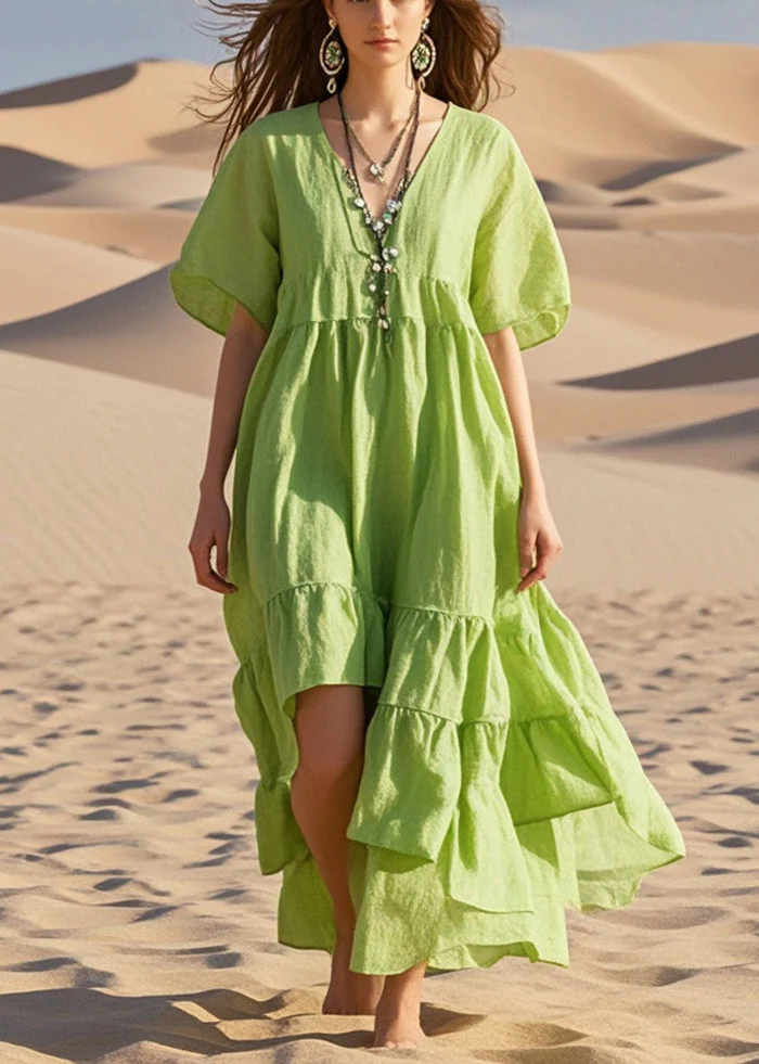 Art Grass Green Asymmetrical Cotton Maxi Dresses Summer - Image 5