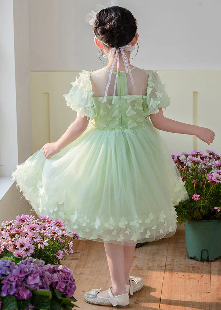 Art Grass Green Butterfly Hollow Out Tulle Kids Girls Dress Summer - Image 5