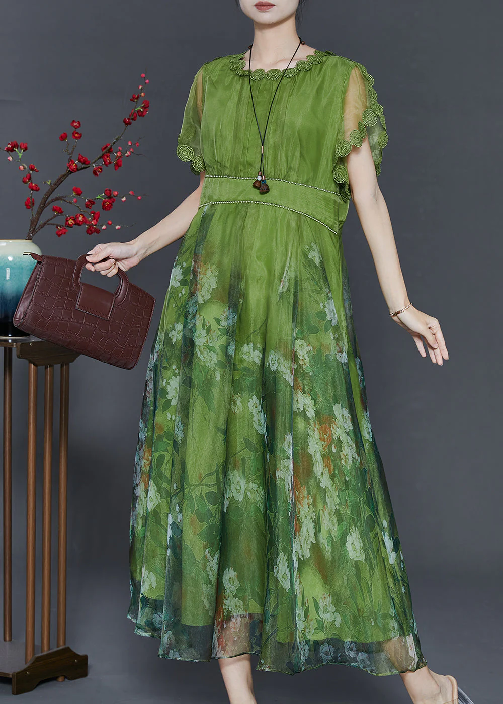 Art Grass Green Print Exra Large Hem Silk Dresses Summer - Image 3