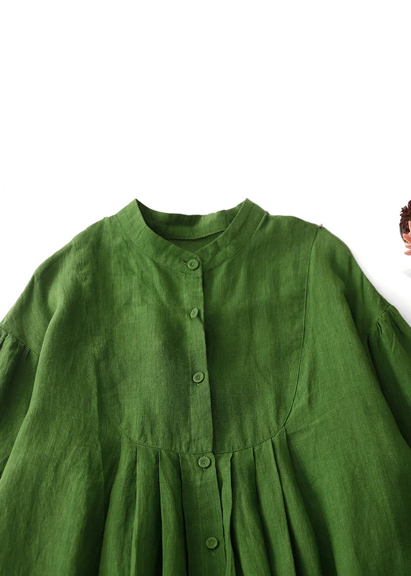 Art Green Button Wrinkled Solid Cotton Blouses Dress Spring - Image 2