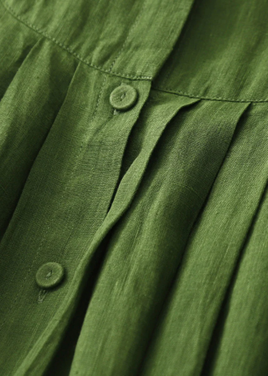 Art Green Button Wrinkled Solid Cotton Blouses Dress Spring - Image 3