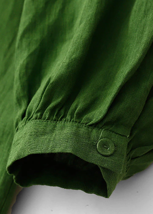 Art Green Button Wrinkled Solid Cotton Blouses Dress Spring - Image 4