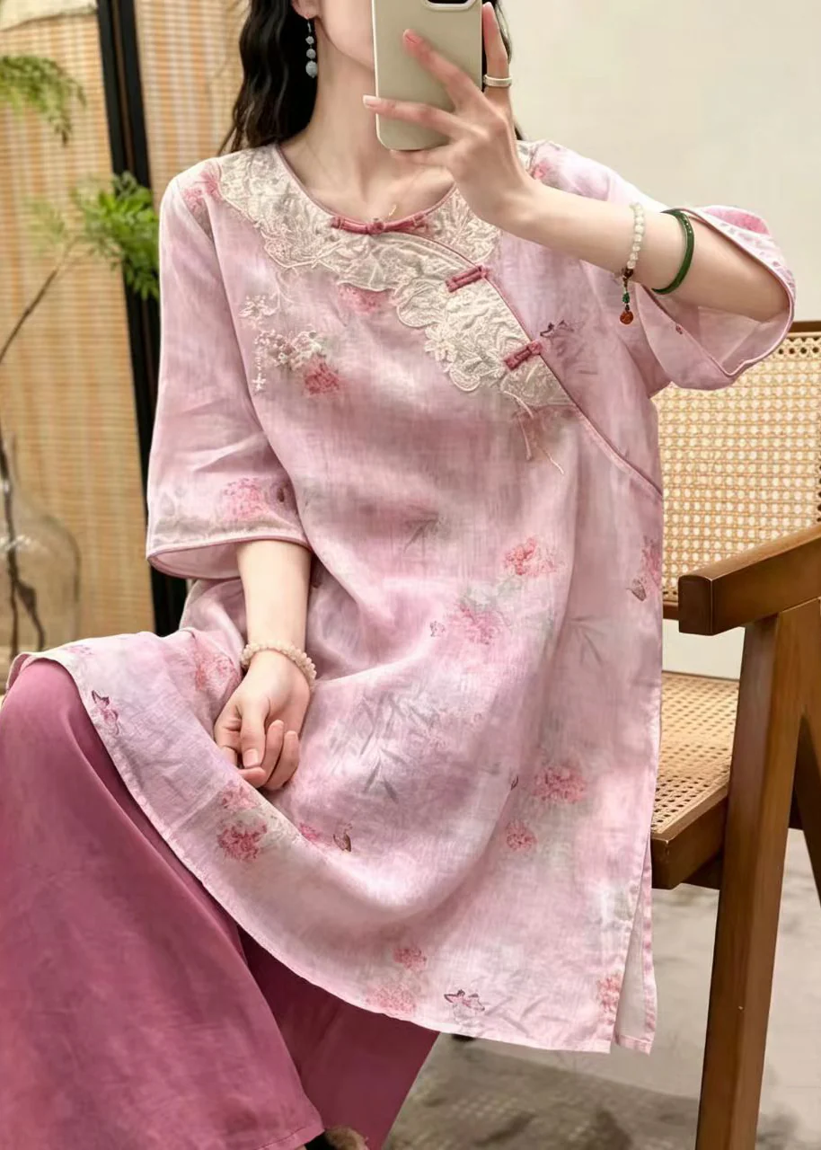 Art Green Embroidered Chinese Button Linen Oriental Dress Summer - Image 2