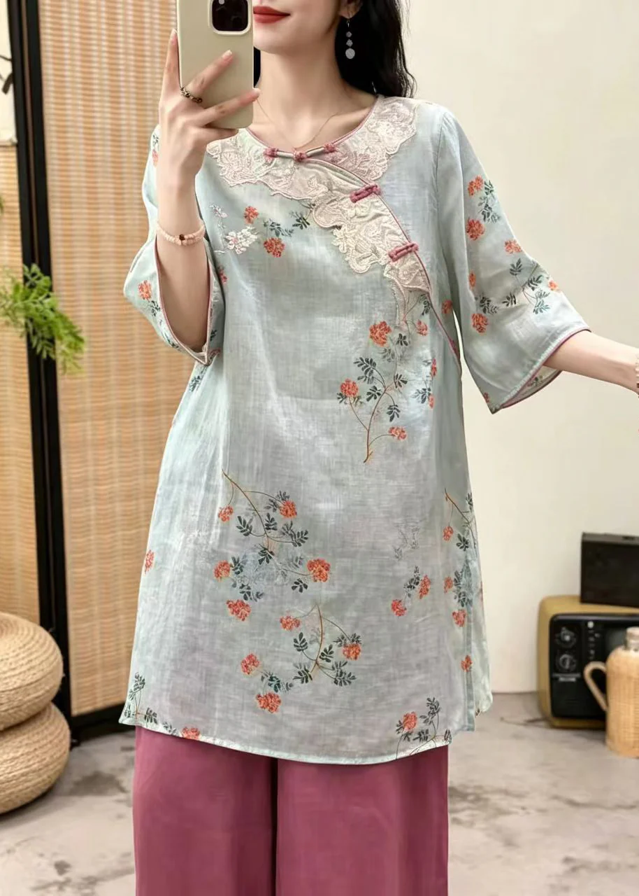 Art Green Embroidered Chinese Button Linen Oriental Dress Summer - Image 5