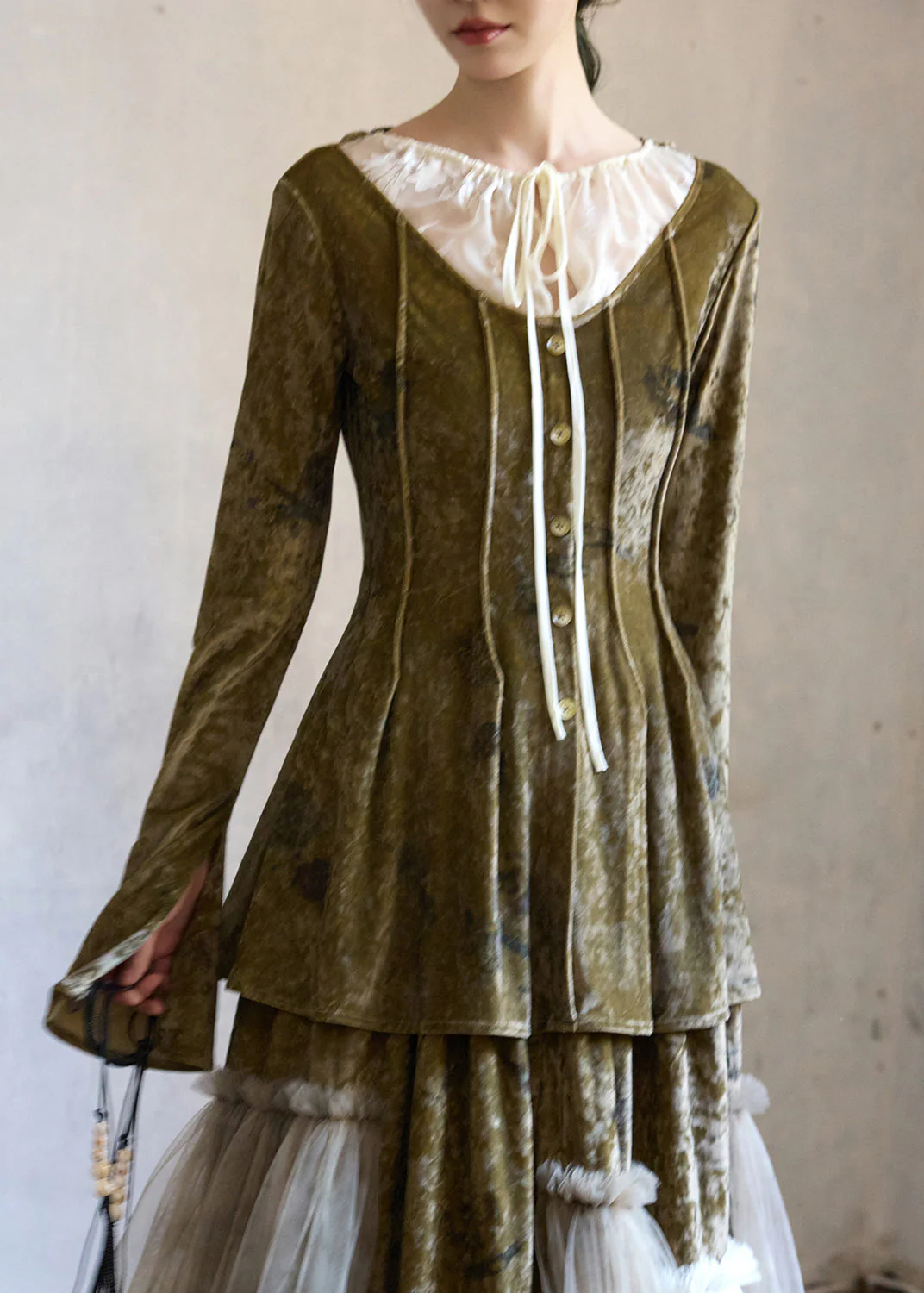 Art Green Lace Up Button Patchwork Silk Velour Top Winter - Image 2