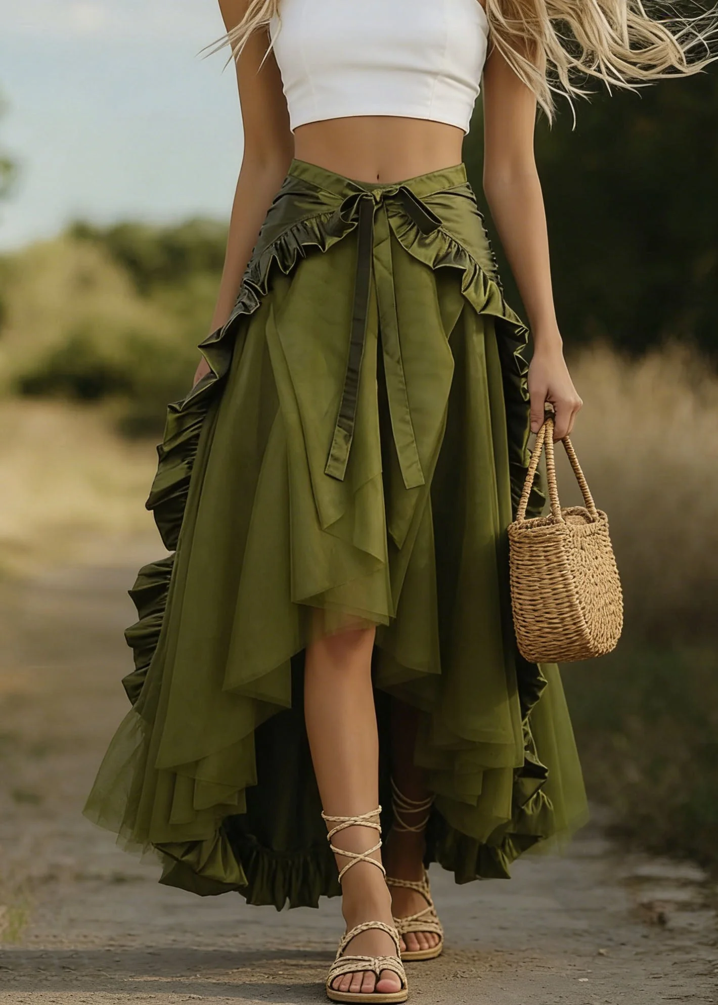 Art Green Lace Up Ruffled Patchwork Tulle Skirts Spring - Image 3