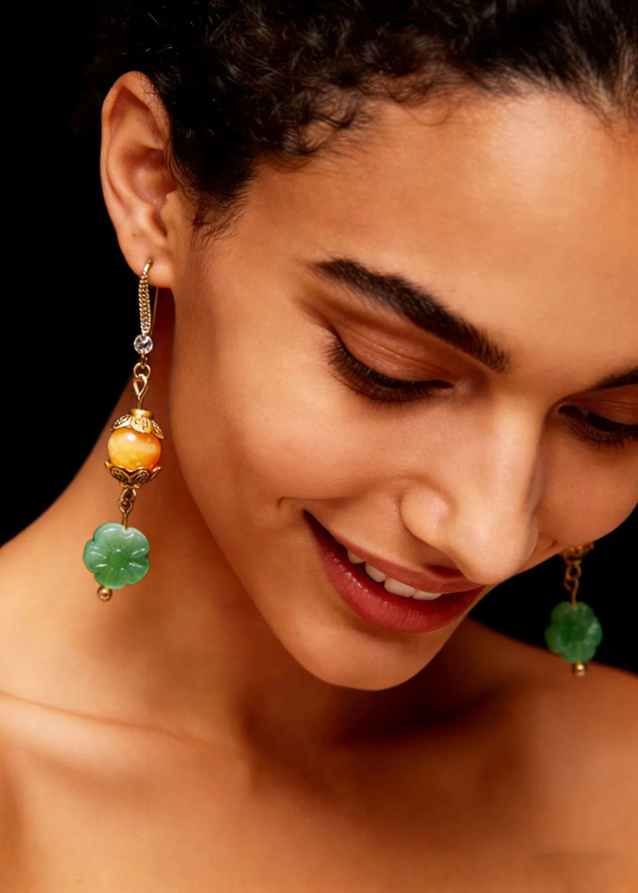 Art Green Lotus Flower Jade Connect Beeswax Drop Earrings - Image 3