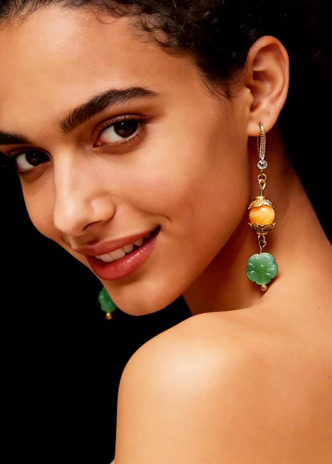 Art Green Lotus Flower Jade Connect Beeswax Drop Earrings - Image 4