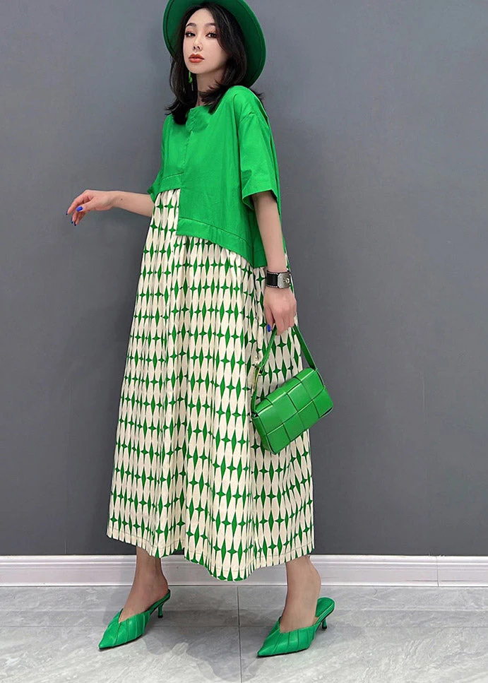 Art Green O-Neck Asymmetrical Patchwork Print Dresses Short Sleeve - Image 2