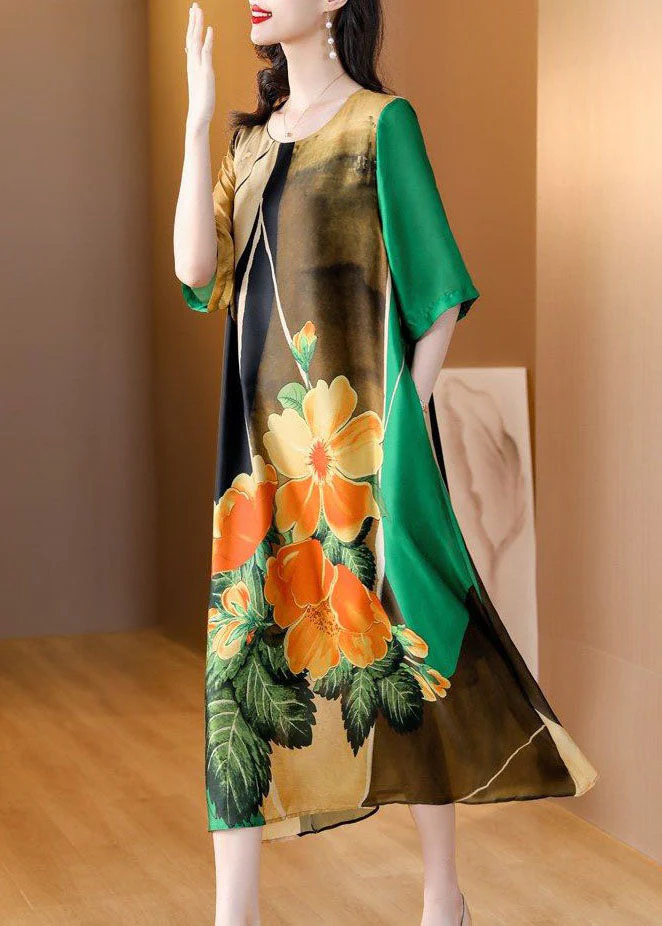 Art Green O Neck Print Patchwork Silk Dress Summer - Image 2