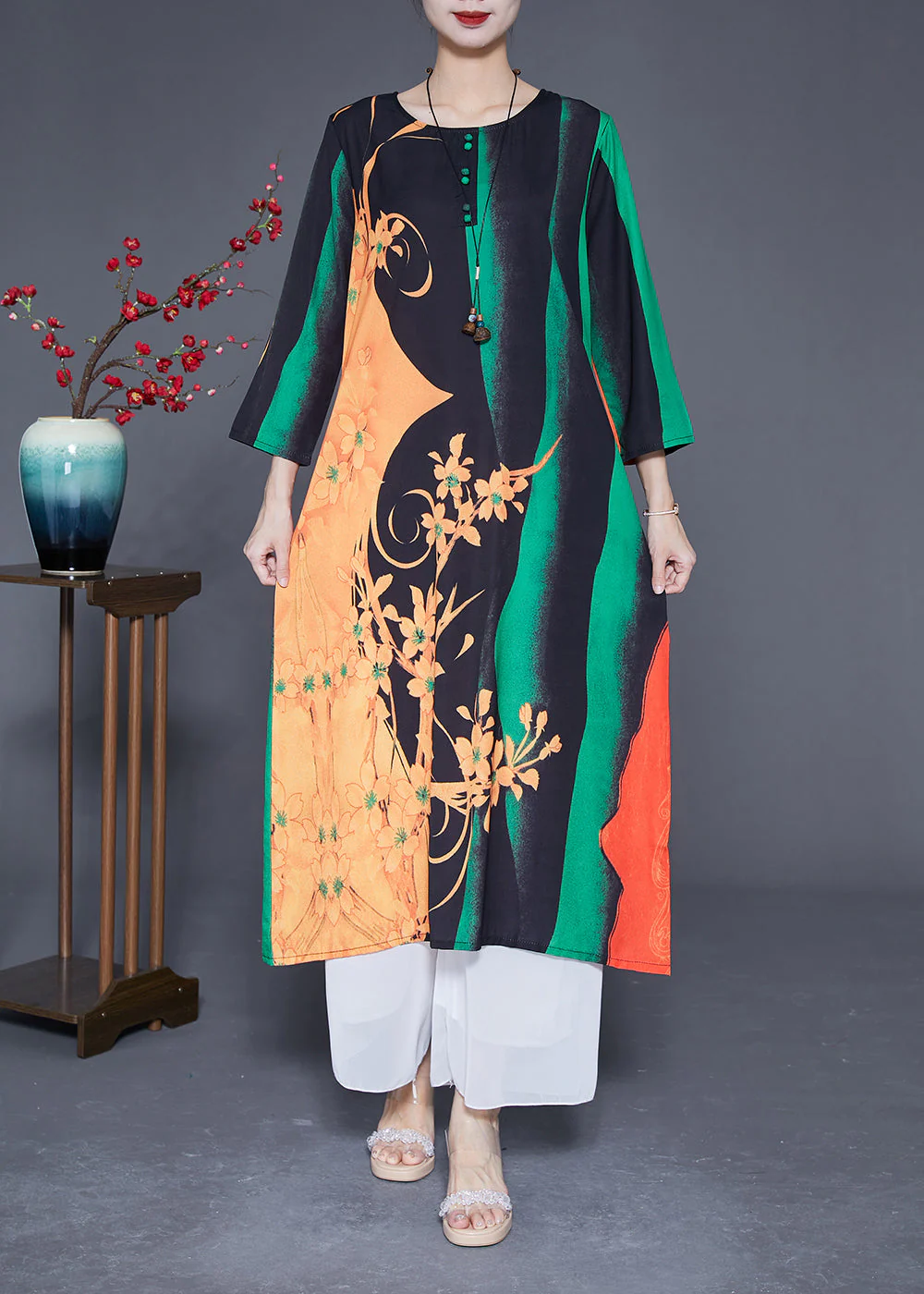 Art Green O-Neck Print Silk A Line Dress Bracelet Sleeve - Image 3