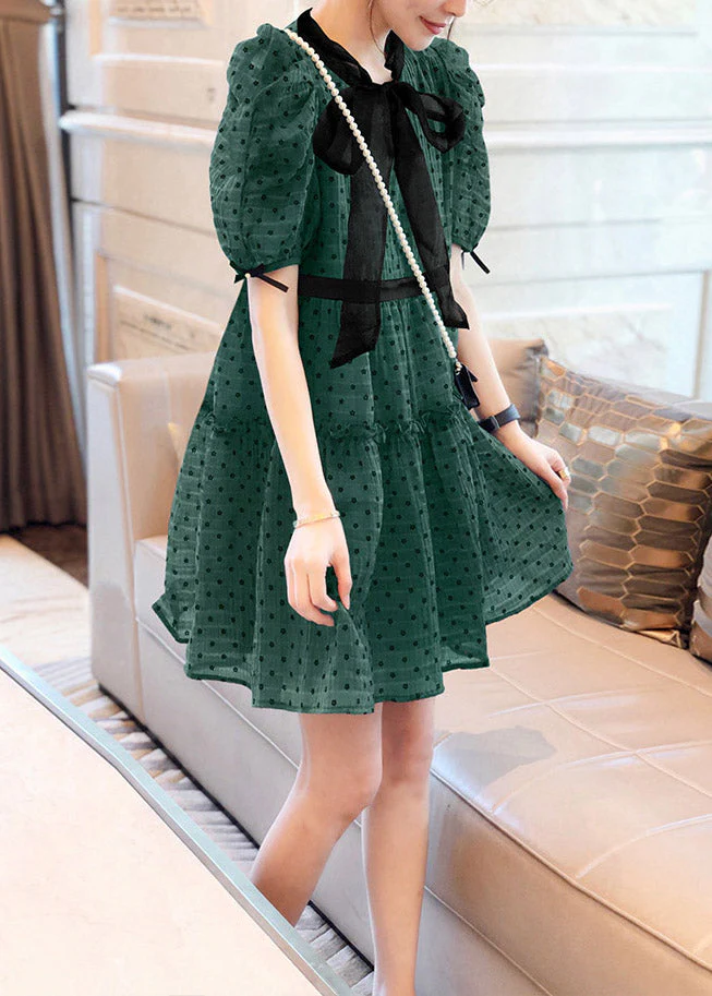 Art Green O-Neck Ruffled Dot Patchwork Bow Chiffon Mid Dress Puff Sleeve - Image 2