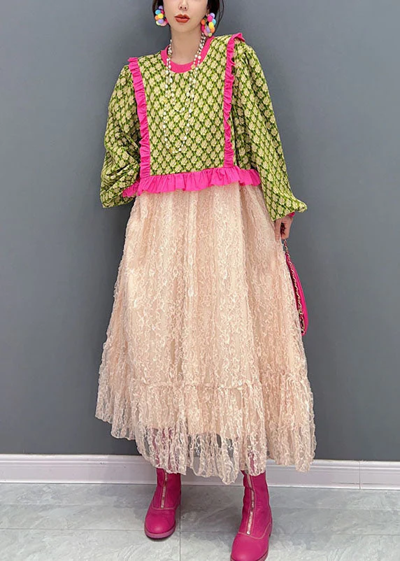 Art Green O-Neck Ruffled Patchwork Tulle Maxi Dresses Spring - Image 2