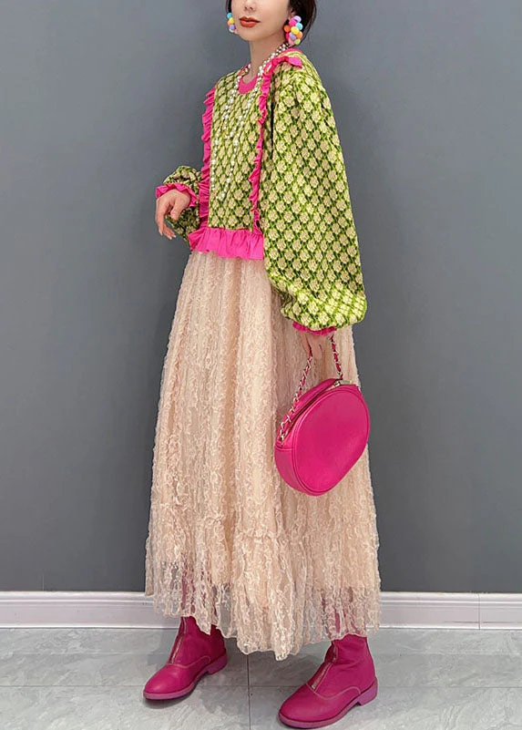 Art Green O-Neck Ruffled Patchwork Tulle Maxi Dresses Spring - Image 3