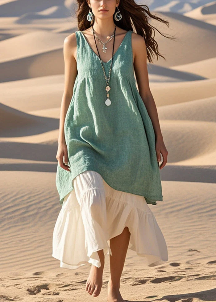 Art Green Oversized Patchwork Cotton Vacation Dresses Summer - Image 3