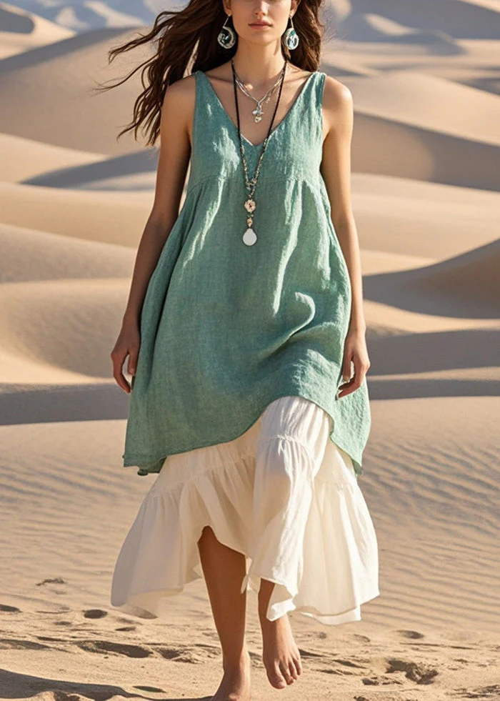 Art Green Oversized Patchwork Cotton Vacation Dresses Summer - Image 5