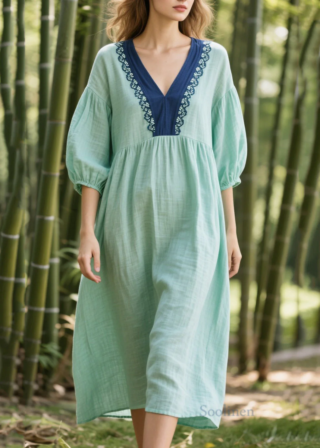 Art Green Oversized Patchwork Lace Cotton Dresses Bracelet Sleeve - Image 5
