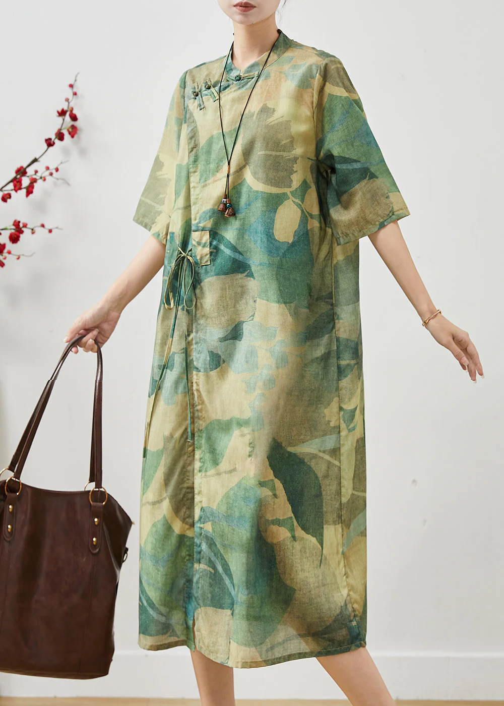 Art Green Print Chinese Button Linen Oriental Dresses Summer - Image 2