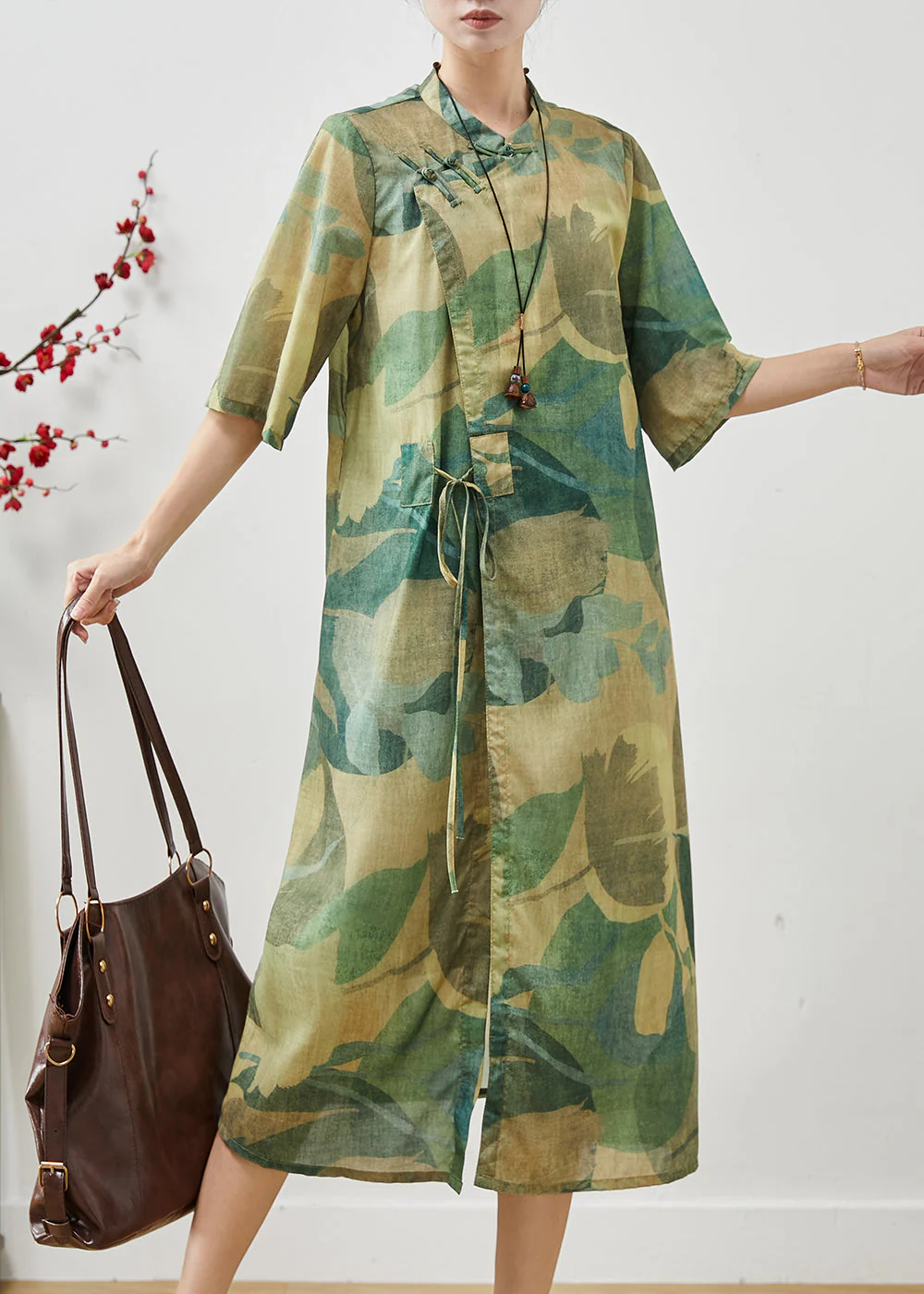 Art Green Print Chinese Button Linen Oriental Dresses Summer - Image 3